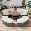TOPMAX Patio 5-Piece Round Rattan Sectional Sofa Set All-Weather PE Wicker Sunbed Daybed with Round Liftable Table and Washable Cushions for Outdoor B